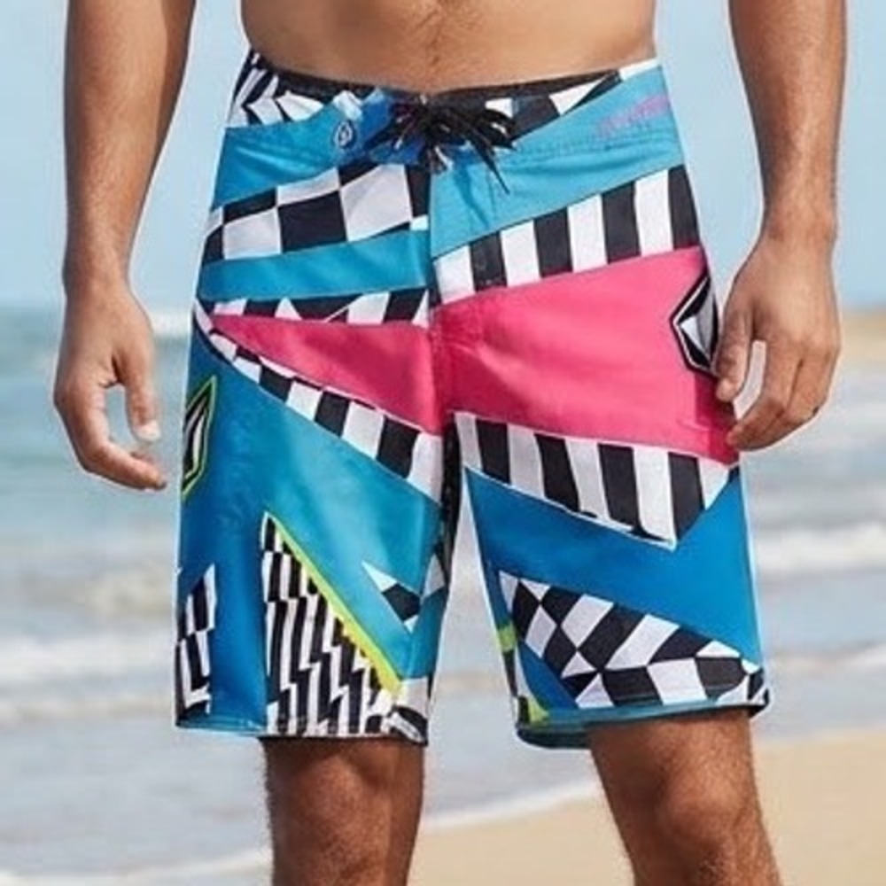 Volcom Mens Dusty Mod Board Shorts Multi Color Geometric Checkered Size 29